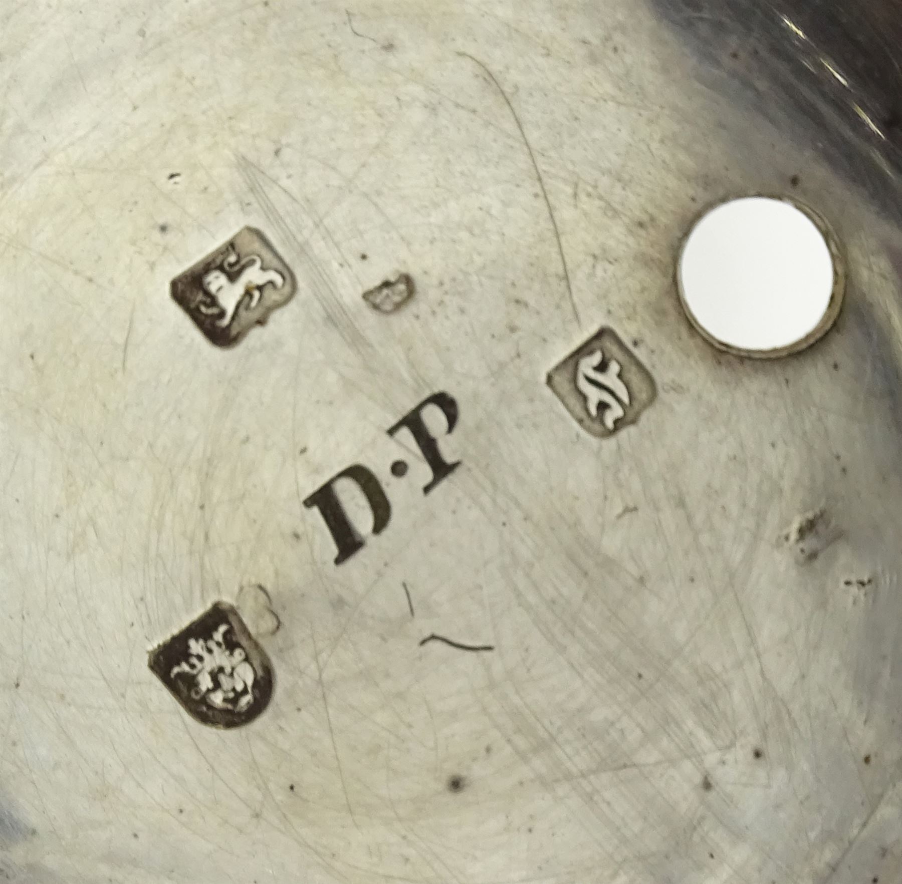 Early George III silver repousse pair cased verge fusee pocket watch by Samuel Weldon, London, No. 24807,  square baluster pillars, pierced and engraved balance cock, white enamel dial with Roman hours and outer Arabic minute ring, Louis XIV hands, bull's eye glass, inner case marked D. P, London 1761, the  outer case depicting figures in a garden setting with scroll borders