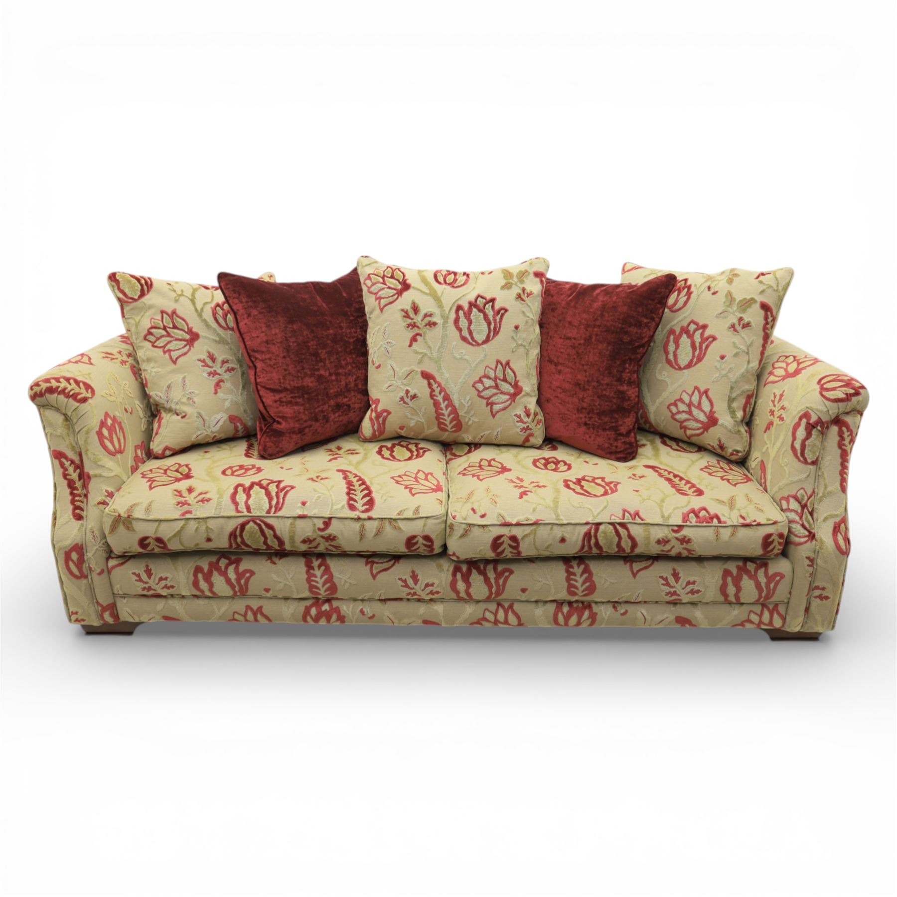 Alstons - traditional design three seat sofa, loose feather cushions, upholstered in red and gold '5911' fabric