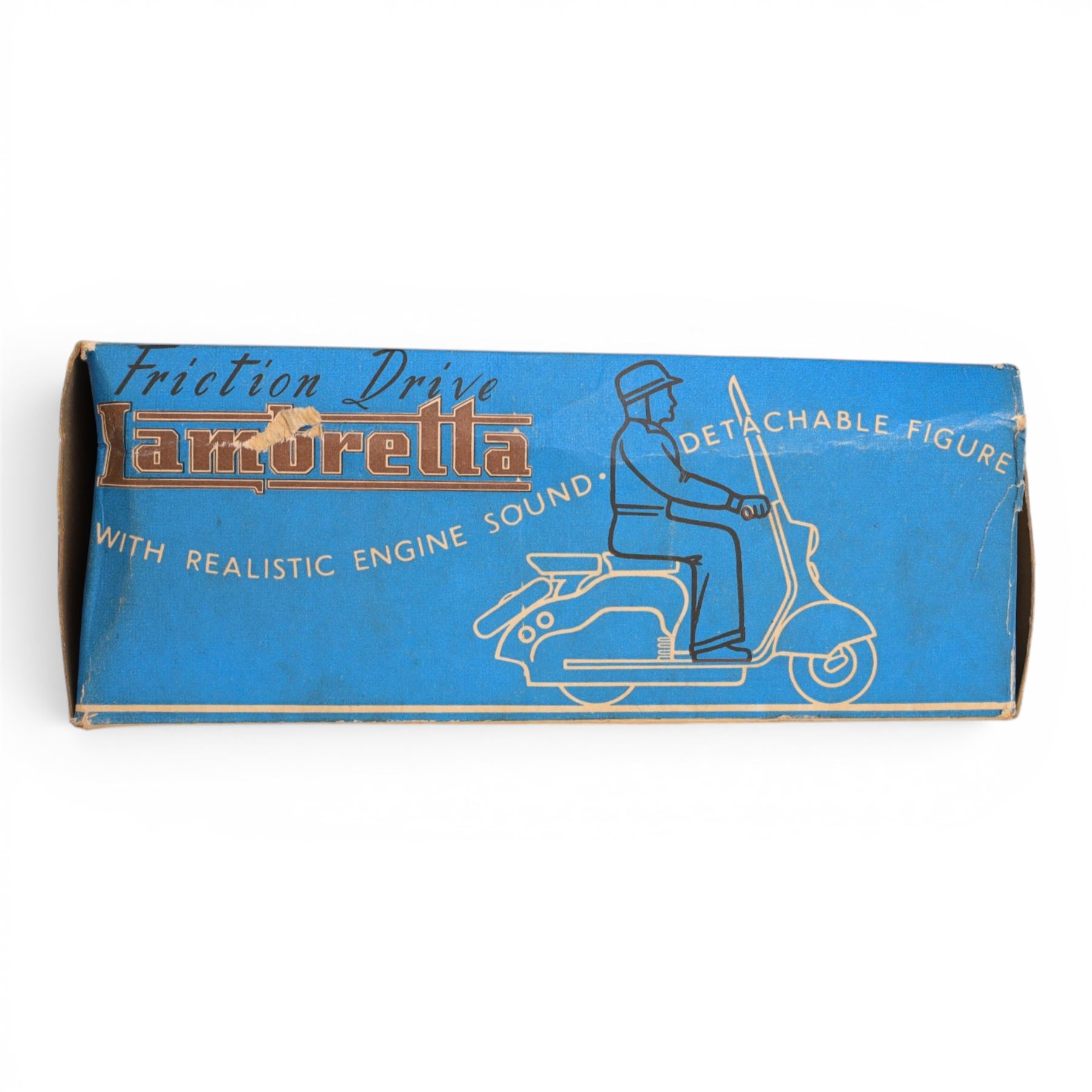Mettoy friction drive Lambretta scooter no. 8134, the blue plastic scooter with cream handlebars and clear windshield, the rider with cream hat and clothing, stamped MTY 143 to front mud guards, in original box