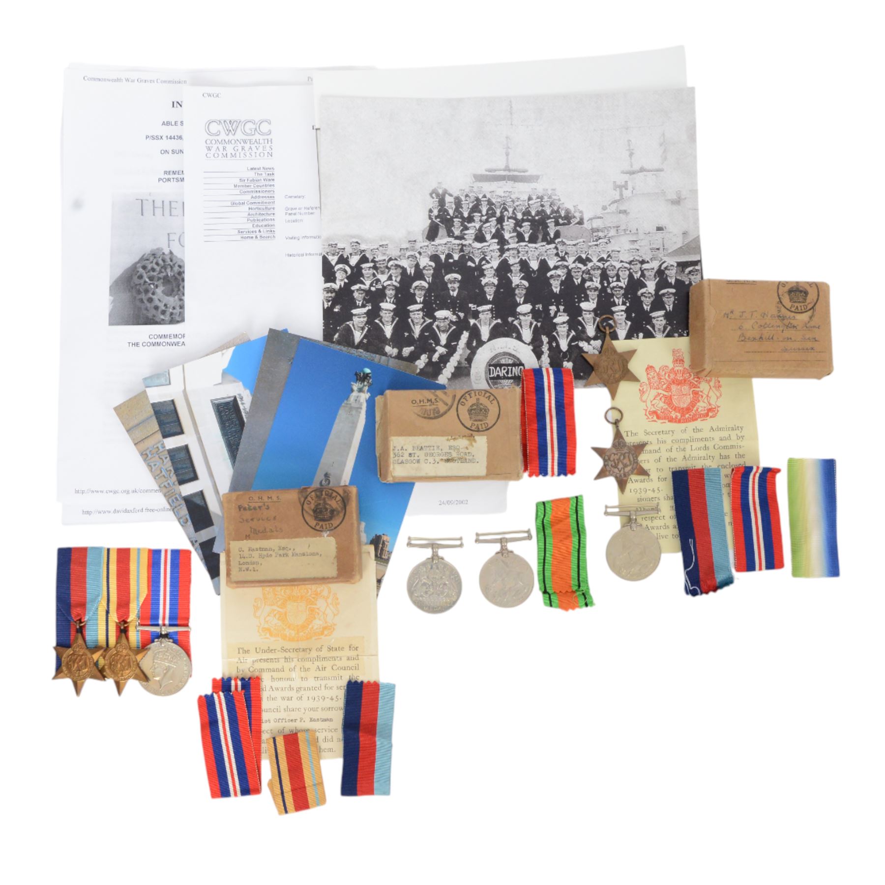 WWII trio, War medal, 1939-45 star and Atlantic star, awarded to Albert Harris R.N, together with WWII trio, War medal, 1939-45 star and The African Star, awarded to Pilot Officer P Eastman and another war and defence medal     