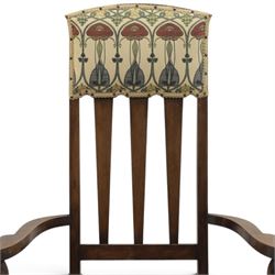 Robson & Sons, Newcastle on Tyne - Arts & Crafts high back armchair, upholstered in Mackintosh style fabric, shaped armrests and cylindrical supports united by stretchers