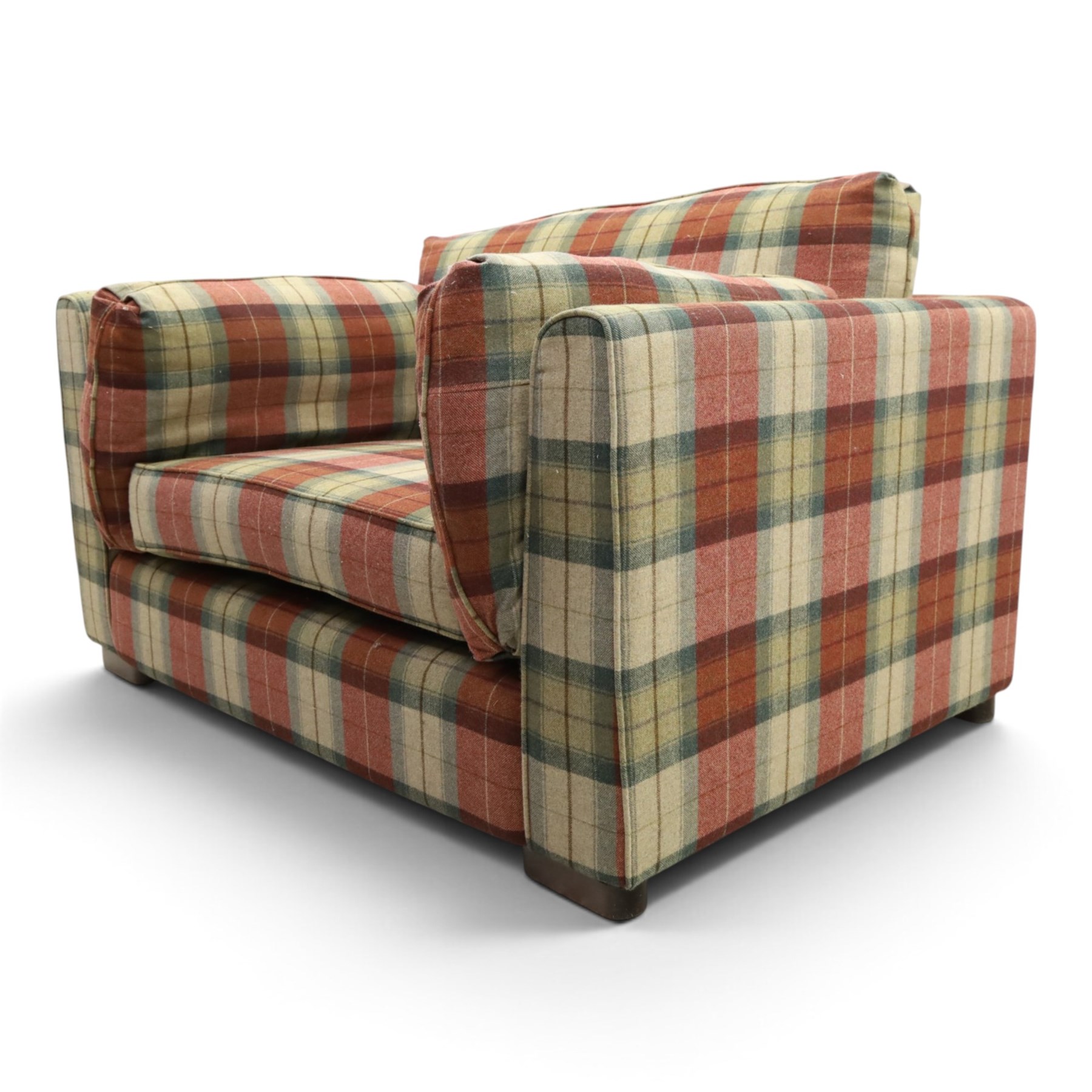Meridian - snuggle armchair or loveseat, of traditional squared shape, upholstered in tartan fabric with loose cushions, on rectangular feet