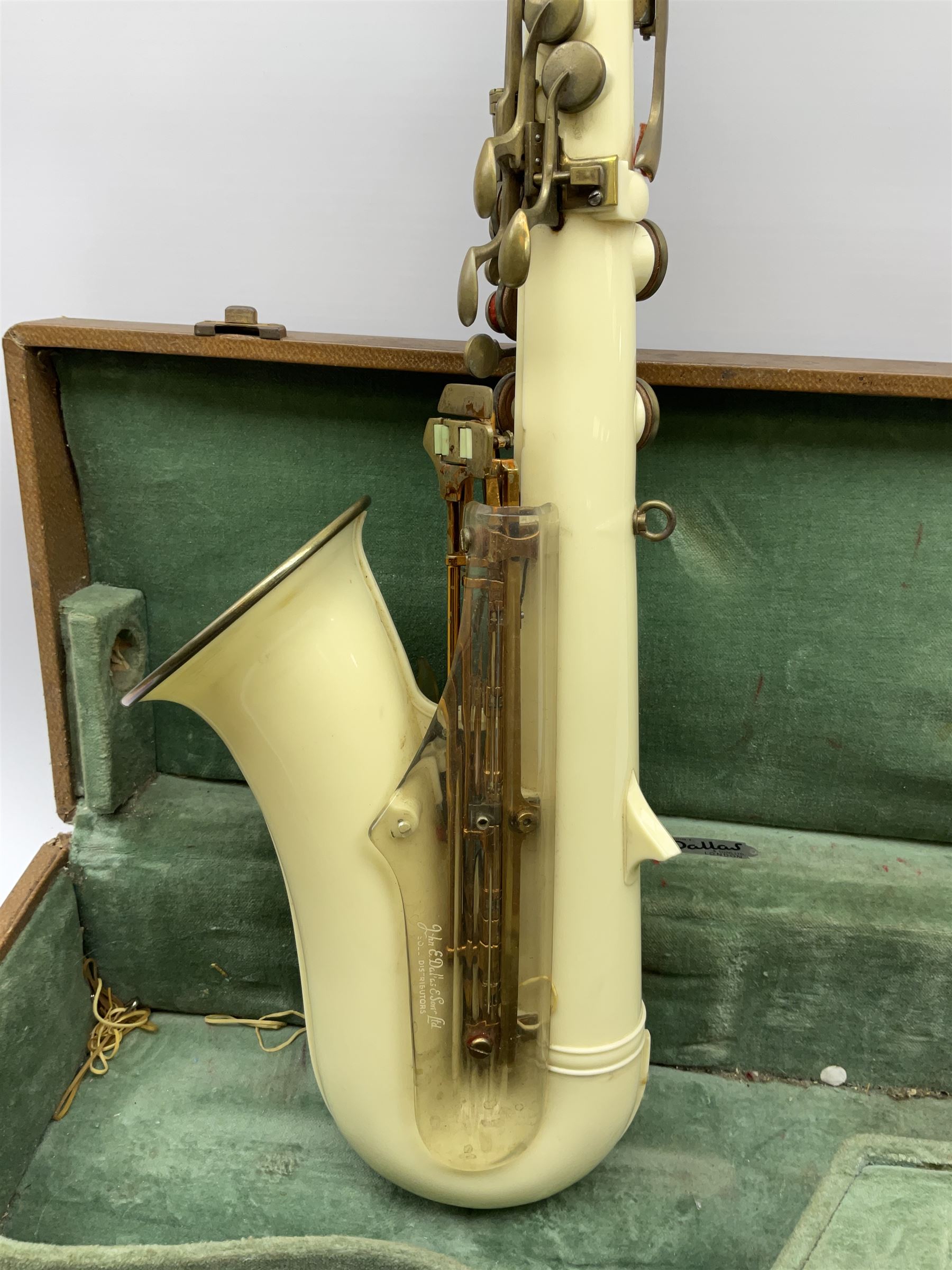 1950s Grafton injection moulded cream acrylic plastic alto saxophone designed by the Italian Hector Somorisen and distributed by John E. Dallas & Sons London, serial no.10776 L66cm, in original fitted carrying case