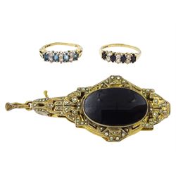 Pair of Art Deco gilt marcasite and black onyx pince-nez and two gold cubic zirconia stone set rings, both hallmarked 9ct