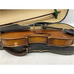 German copy of a Maggini violin c1900 with 35.5cm two-piece maple back and ribs and spruce top, bears label 'Maggini Deutsche Arbeit 1866' L59cm; in carrying case with bow