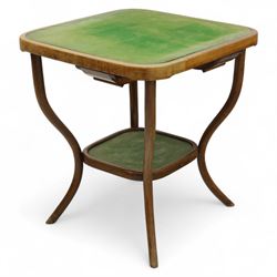 Early 20th century Thonet bentwood card table, square top with rounded corners inset with green baize, four slide-out card trays beneath, on shaped bentwood supports joined by a central stretcher