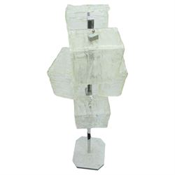 1970s modernist chrome standard lamp, fitted with six textured ice-glass cuboid shades arranged at differing heights, square-section stem on shaped marble plinth base