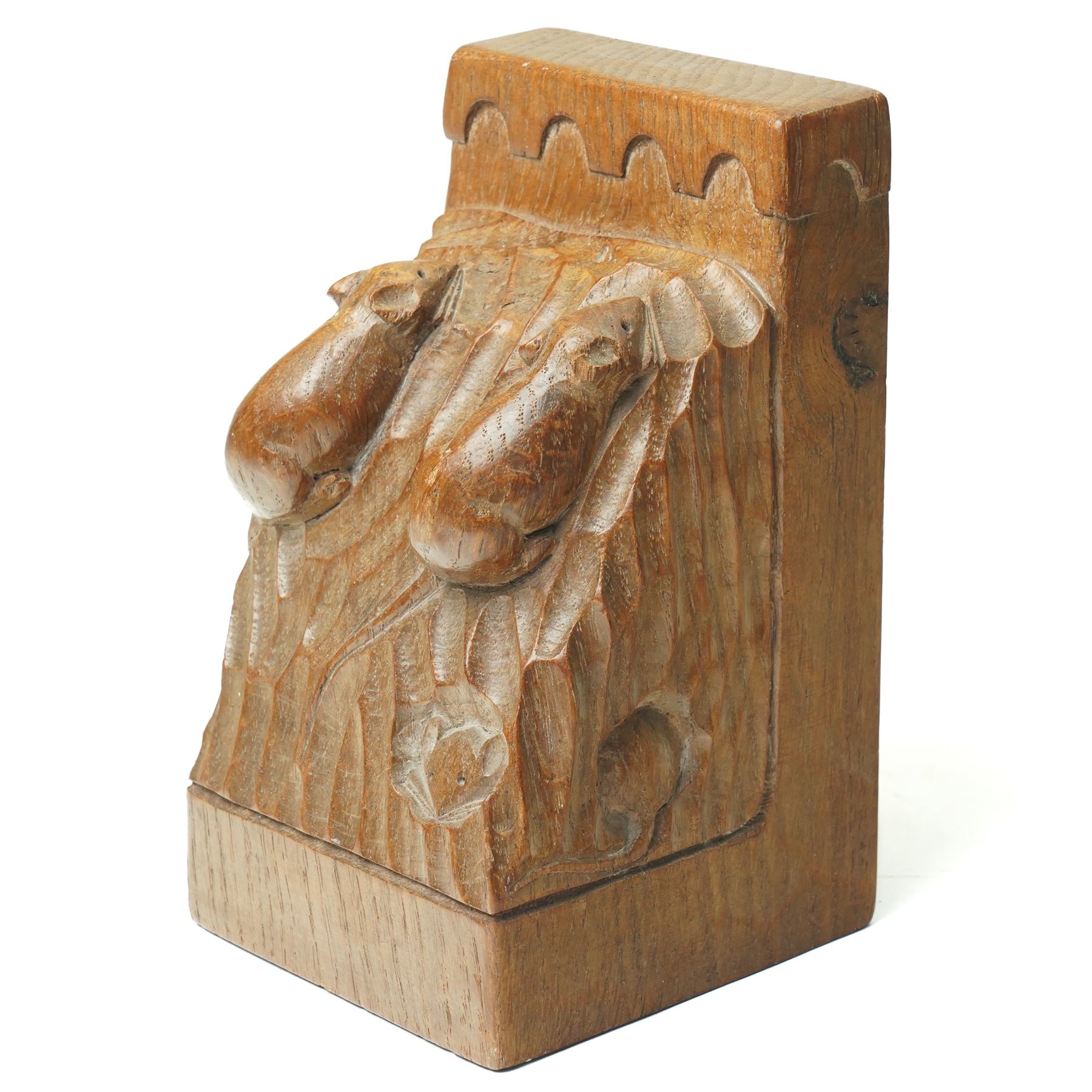 Mouseman - pair of oak triple mouse bookends, each carved and tooled with three mice, by the workshop of Robert Thompson of Kilburn H16cm