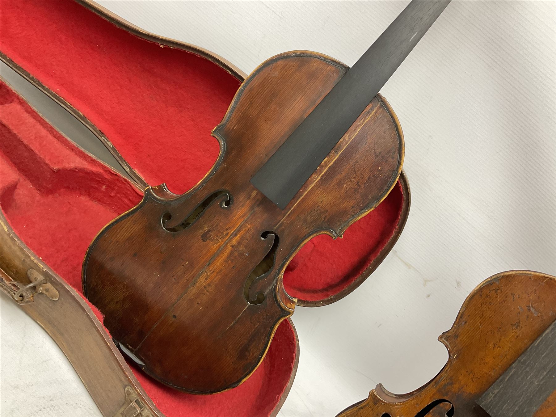 French violin for restoration with 36cm two-piece maple back and ribs and spruce top, bears label 'Lutherie Artistique M. Couturieux'; in wooden case; two modern three-quarter size violins in cases; and five violins for spares or repair