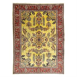 Persian Sarough hand-knotted carpet, golden yellow ground, with an all-over floral design ...