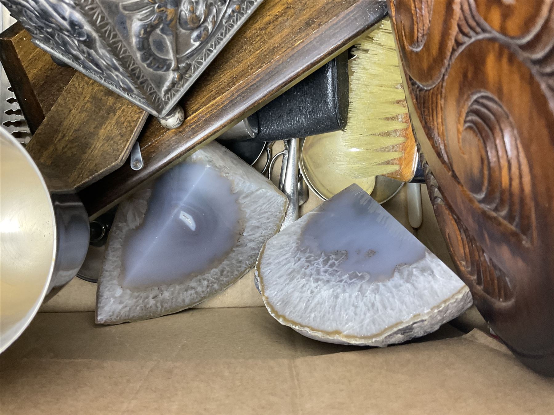 Silver plated jewellery box with foliate decoration and domed hinged lid, further silver plate and other metalware,
Icon of Mary and baby Jesus on wood, quantity of craved treen, rug etc