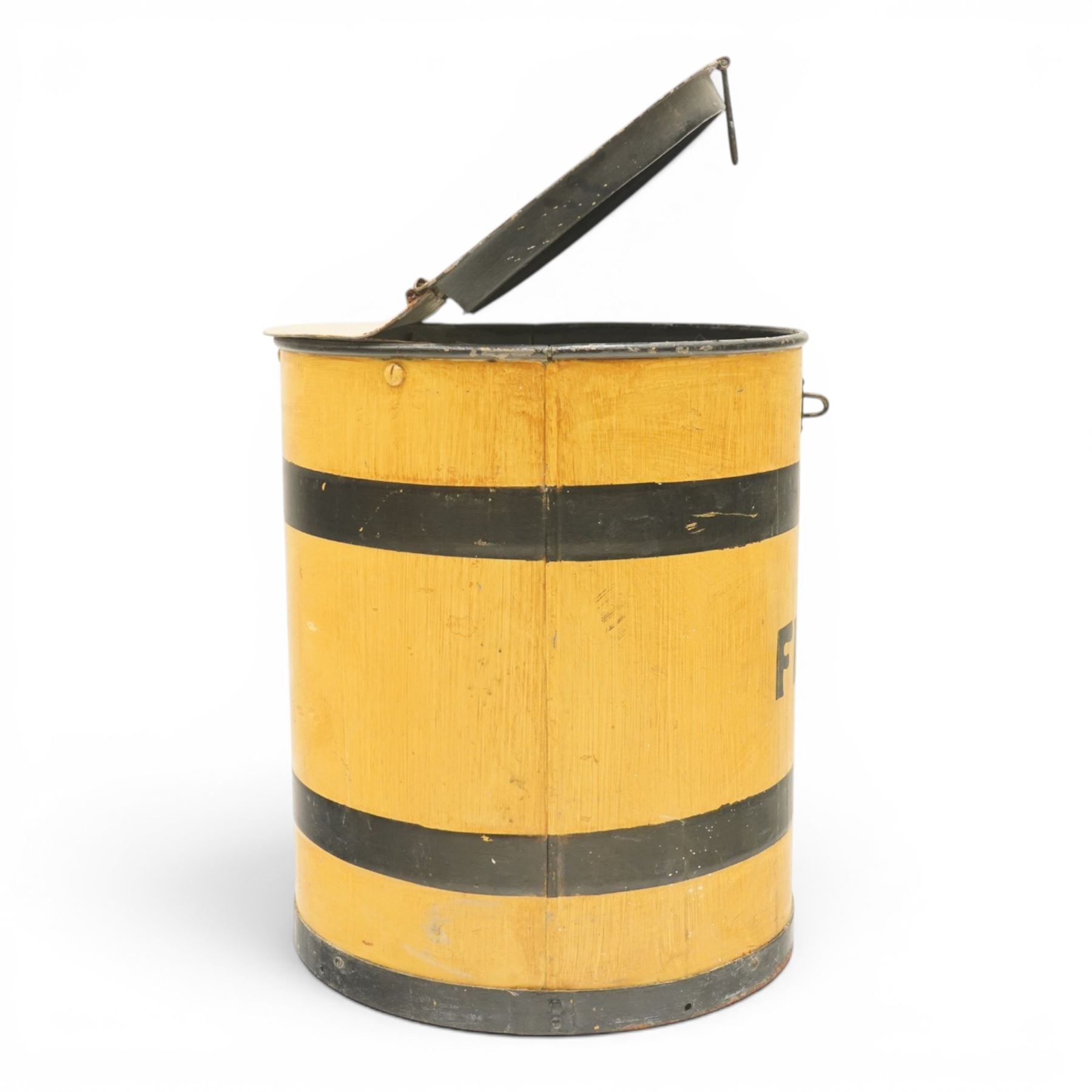 Early 20th century painted pine flour bin, cylindrical form with hinged circular cover, yellow painted ground with black painted bands and stencilled ‘FLOUR’ lettering, fitted with iron hasp and staple fastening
