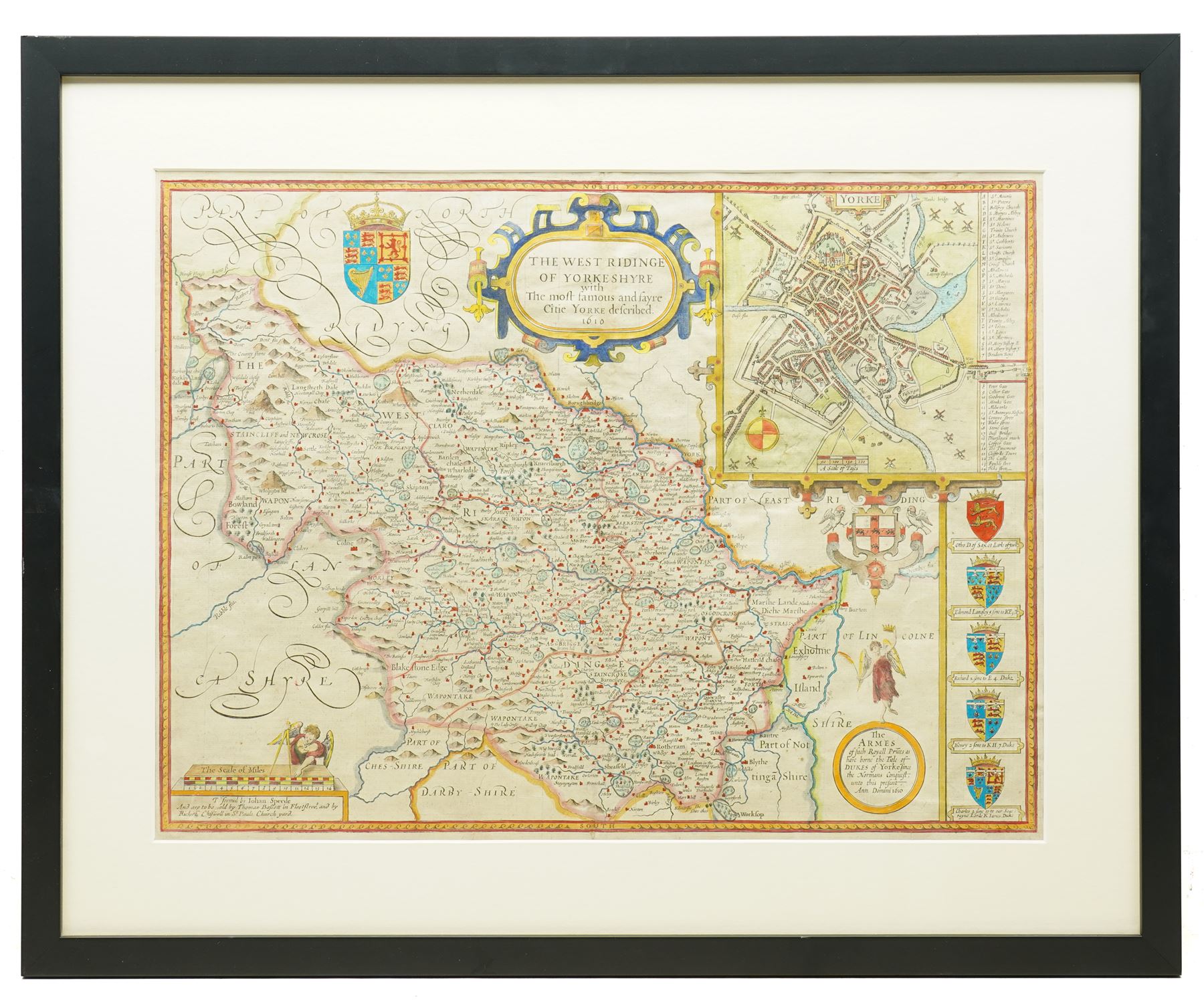 John Speed (British 1552-1629): 'The West Ridinge of Yorkeshyre' - West Yorkshire, 17th century engraved map with later hand-colouring and inset city map of York with surrounding armorials pub. by Thomas Bassett & Richard Chiswell c.1676-1695, 39cm x 52cm