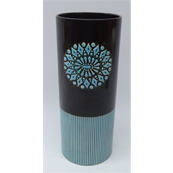  1960s Hornsea pottery vase designed by John Clappison, cylindrical form, partly ribbed body with circular motif, shape no. 625, H28cm   