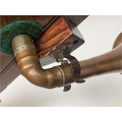 Fruitwood and elm single string phono fiddle with long neck and copper horn L76cm; and a violin bow (2)