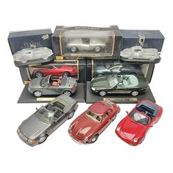  Three Maisto Special Edition 1:18 scale die-cast models - Porsche 550A Spyder, Jaguar 'S' Type and Ferrari 550 Maranello; all boxed; five other unboxed Maisto/Bburago 1:18 scale models; and two Classic Collection lead crystal models of Classic Cars (10)