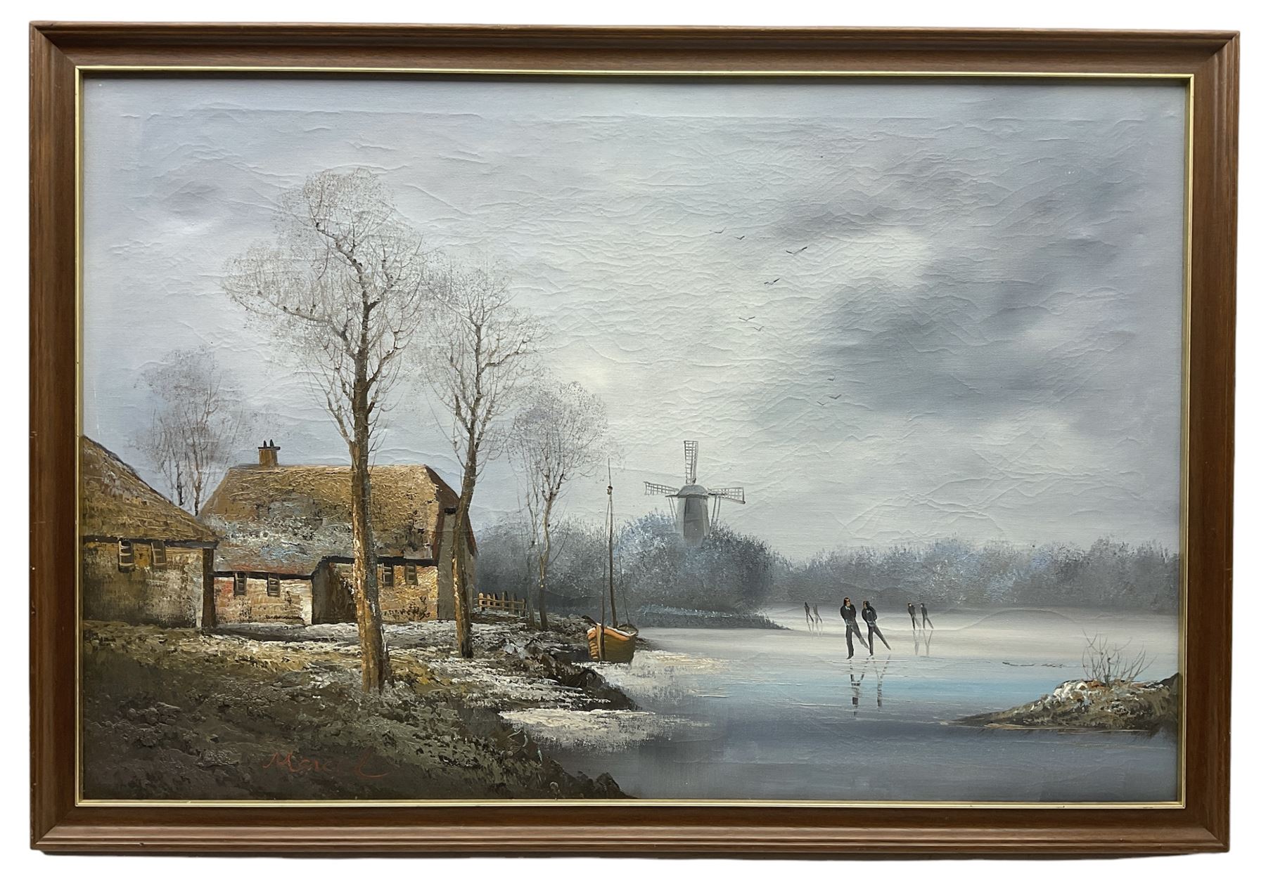 Continental School (20th century): Ice Skating on Dutch Canal, oil on canvas indistinctly signed 59cm x 89cm 