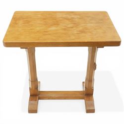 Rabbitman - oak side table, lightly adzed rectangular top, on a twin pillar base, with carved rabbit signature, by Peter Heap of Wetwang 