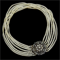  Seven row pearl choker necklace on Edwardian diamond target clasp   