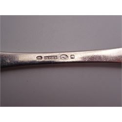 1930s Norwegian silver cutlery for six place settings, comprising table spoons, table forks and silver handled table knives, cake forks, tea spoons and demitasse spoons, one cake slice, serving spoon, sauce ladle and a pair of silver handled servers, all embossed with rose decoration and engraved with initial K to terminal and 10/9 1932 verso, stamped NM 830s