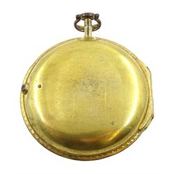 George III gilt metal, triple cased verge fusee pocket watch, for the Turkish market by Benjamin Barber, London, No. 6187, tulip pillars, pierced and engraved balance cock decorated with a classical urn, white enamel dial with Turkish numerals, the outer tortoiseshell case, with pique work borders