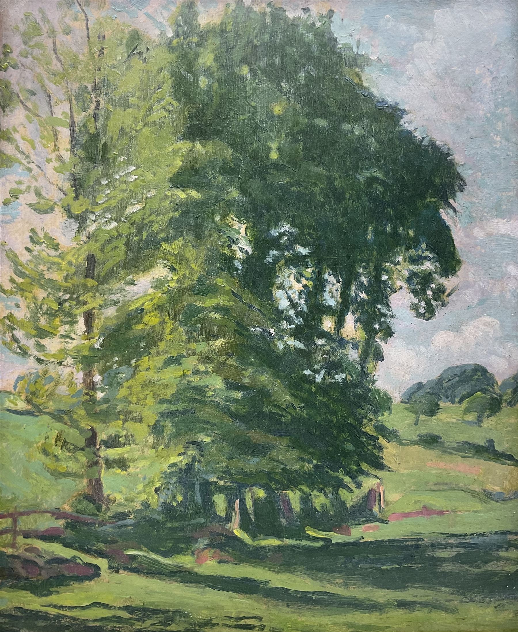 Frank Griffith (British 1889-1979): Study of Trees, oil on board, signed with initials verso with a further landscape sketch 39cm x 32cm 
Notes: Griffith studied and associated some of the leading artists of his day, including Paul Signac, Walter Sickert, and Charles Ginner.