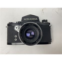 Miranda DR camera body, serial no. 669077, with 'Miranda Soligor 1:1.9 f=5cm' lens, serial no K4871146, Miranda camera body, serial no. 664497 and Miranda C camera body, serial no. 602501, with 'Soligor Miranda 1:2.8 f=5cm' lens, Miranda Sensorex camera body, serial no. 719569, with 'Auto Miranda 1:1.9 f=50mm' lens, serial no. 4577612, all in ever ready cases 