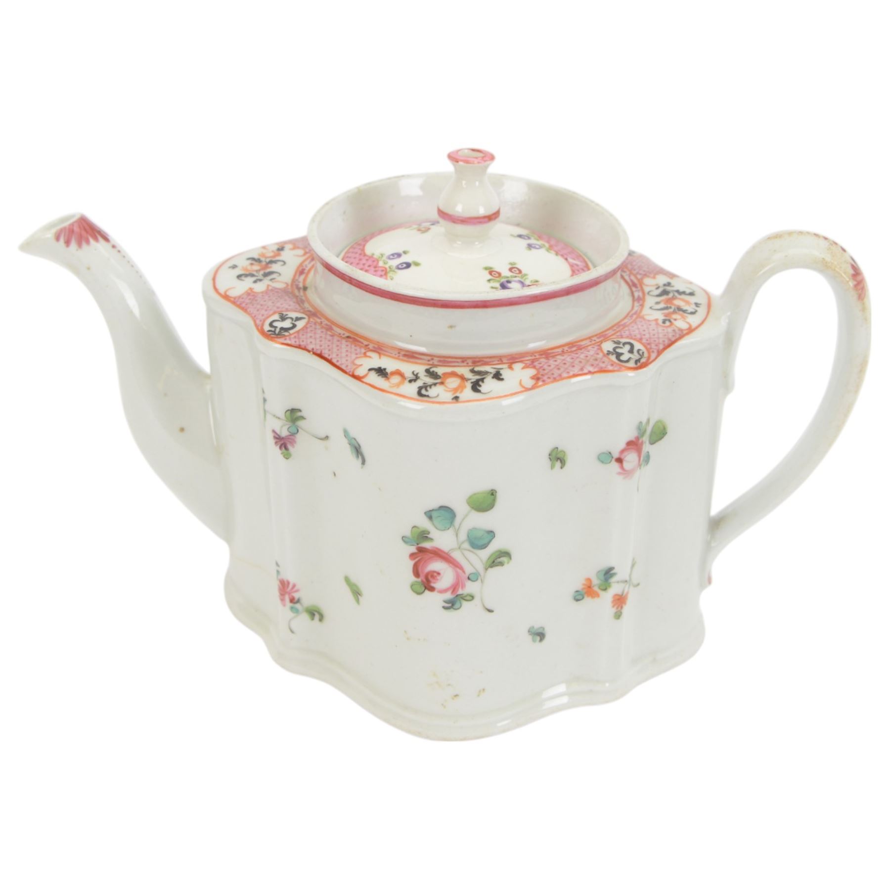 19th century Newhall silver shape teapot and cover, together with helmet jug, tea bowl and saucer all in pattern 311, teapot H16cm