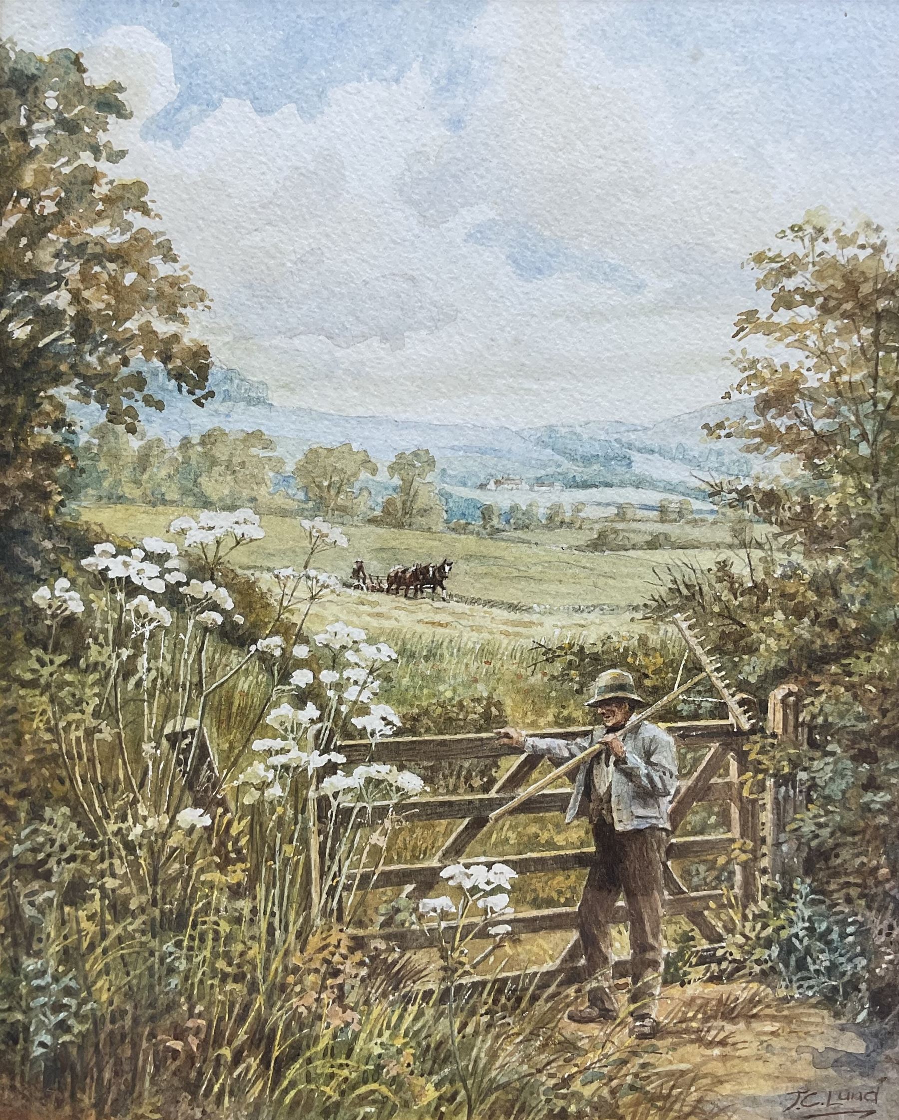 John Cecil Lund (British 1932-): 'Haytime', watercolour signed and titled 24cm x 19cm