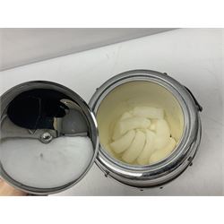 Five early 20th century biscuit barrels with silver-plated mounts