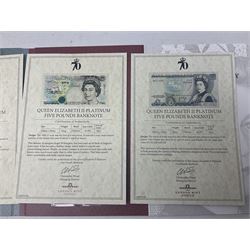 Queen Elizabeth II 'The Platinum Jubilee Banknote Collection' including 2022 'The Unissued Fifty Pence Banknote Gold Coin', housed in official card folder with certificates