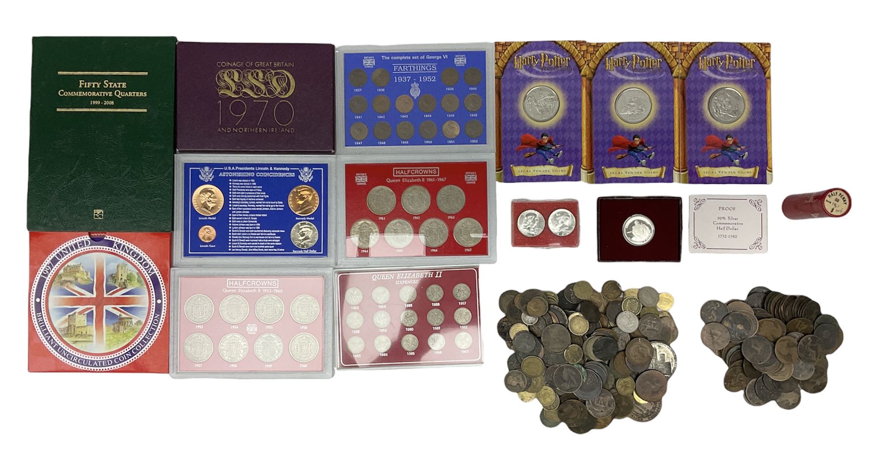 Coins including coinage of Great Britain 1970 proof set, United Kingdom 1997 brilliant uncirculated coin collection, various unofficial sets in plastic displays, three Isle of Man commemorative Harry Potter crown coins, United States of America 1982 silver half dollar, pre-decimal and other Great British and World coins etc 