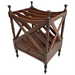 Victorian design mahogany Canterbury, four divisions with x-frame rails and turned upright supports, fitted with single drawer, on turned feet