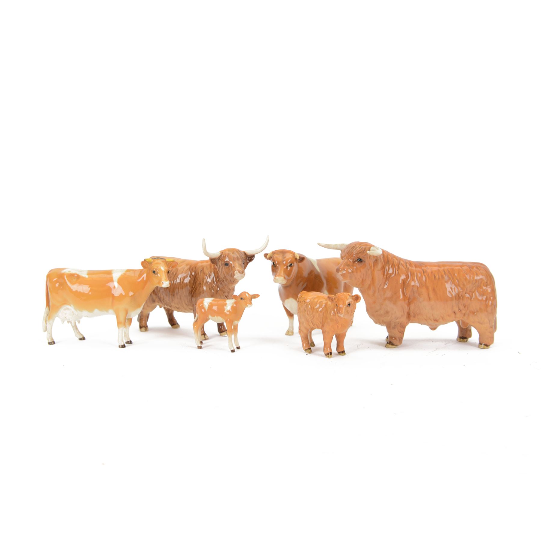 Six Beswick cattle figures, comprising Highland family group; Bull, model 2008, Cow, model 1740 and Calf, model 1827D, Guernsey family group, Bull Champion Sabrina's Sir Richmond 14th, model 1451, Cow, model 1248 and calf model 1249
