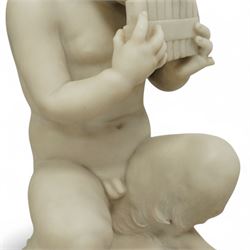 Follower of Claude Michel Clodion (French 1738-1814): The Putti-Faun Orchestra - set of four Italian carved white marble figures of child satyrs as musicians, each finely carved figure depicting a seated putto-faun with youthful features and small goat’s legs and cloven feet, variously playing rustic instruments: a syrinx (Panpipes), a flute, a tambourine and clappers - each raised on an integral waisted square plinth, Italian, circa 1900

Provenance: Kirkham Hall

Notes: Inspired by the rustic god Pan and his followers, these putti-fauns reflect the late-19th-century revival of classical themes popular with Grand Tour collectors; their instruments evoke the god Pan’s pastoral music, while the carving and  composition exemplify the appeal of bacchic subjects in the Italian neoclassical tradition
