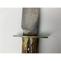 Hunting knife by J Nowill & Sons, Sheffield, the handle inset with mother of pearl, blade length 19cm; George Wolstenholme IXL lock-knife with antler scales L29cm open; and another Bowie style hunting knife marked 'V.R. Warranted Sheffield Joseph Ellis & Sons' in leather sheath (3)