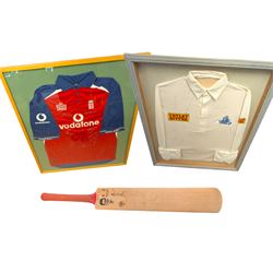 Cricket memorabilia: signed cricket bat from John Childs Benefit year 1994, and two framed England cricket shirts both with signatures, largest frame H95cm