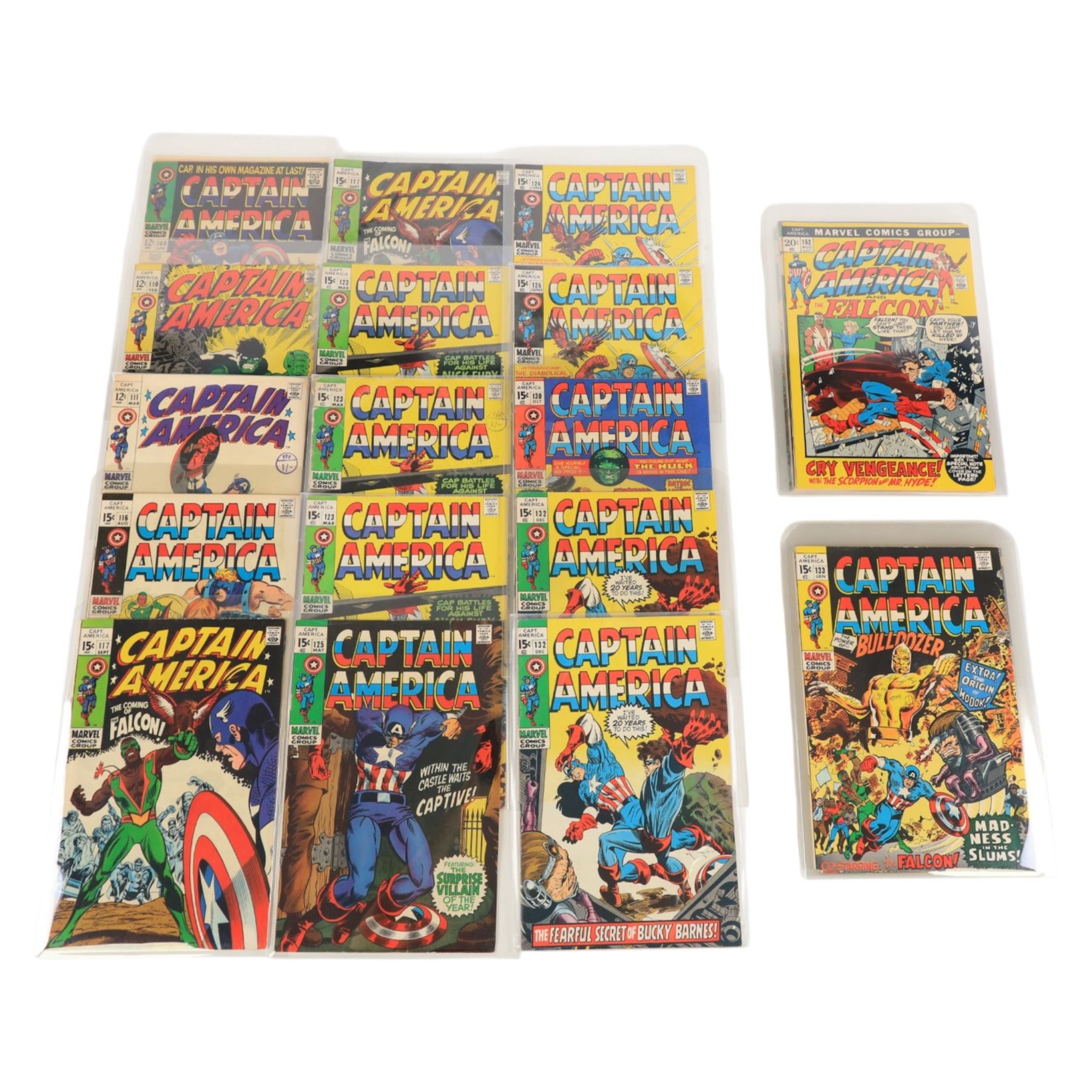 Twenty-eight Marvel Silver and Bronze Age 'Captain America' comic books, spanning years 1968-1974, comprising a continuous issues #100, #110, #111, ##116, two copies of #117, three copies of #123,  #125, two copies of #126, #130, two copies of #132, #133, #134, #138, #140, #144, #145, #146, #152, #153, #154, #175, #267 and Giant Size Captain America #1 