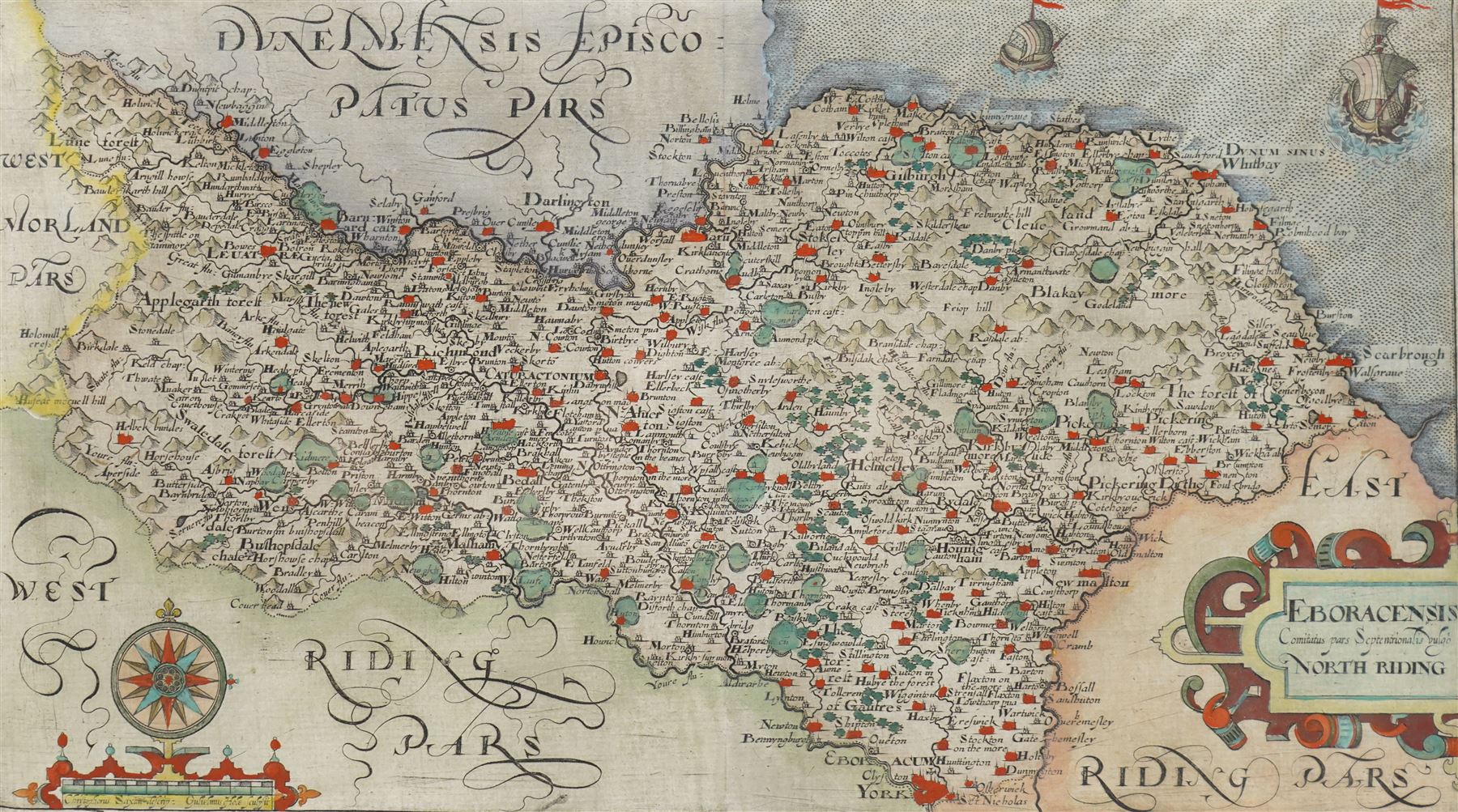 Gulielmus Hole (British ?-1624) and Christopher Saxton (British 1540-1610): 'Eboracensis Comitatus pars Septentrionalis vulgo North Riding', 17th century engraved map of the North Riding Yorkshire with hand-colouring pub. 'Camden's Britannia' c.1607, 21cm x 36cm
