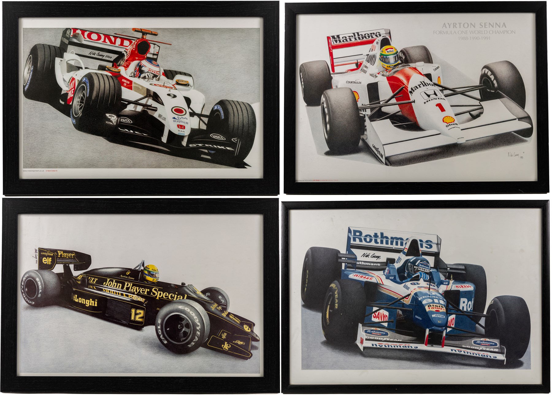 Four Formula 1 racing prints by Nik Curry, all within black frames, largest H38cm, W58cm