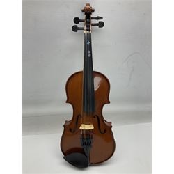 Three Stentor Student violins - three-quarter size with 33cm two-piece back; and two quarter size each with 28cm two-piece back; each in carrying case with bow (3)
