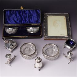 Pair of silver navette shape salts , cased Birmingham 1900 Maker Mitchell Bosley & Co., si...