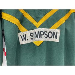 Three Australian Rugby League shirts, to include NRL West Tigers shirt, NSW RL North Sydney Bears shirt and an Australian International rugby shirt, with applied W.Simpson name to front
