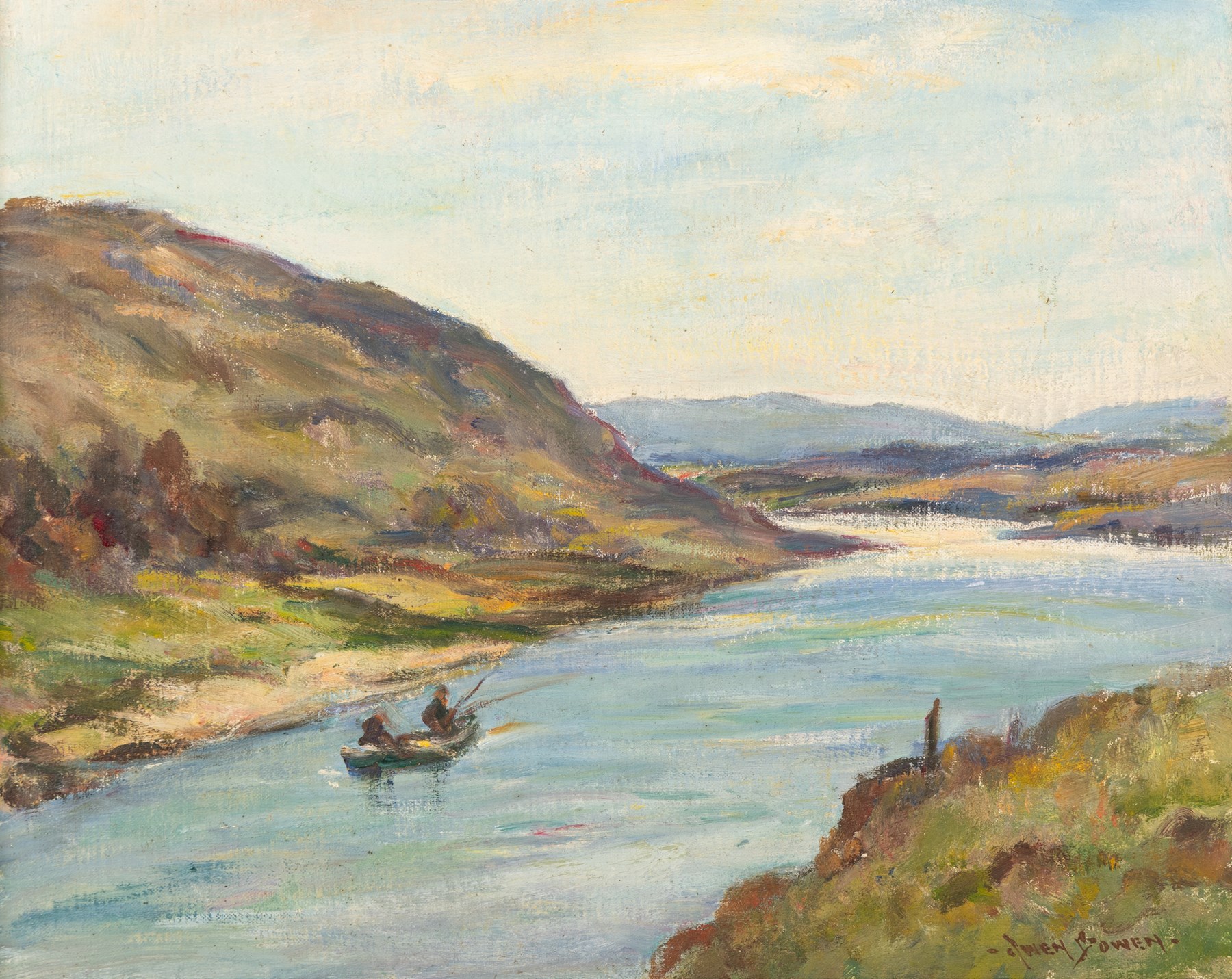 Owen Bowen (Staithes Group 1873-1967): Fishing Boat on a Vast Loch, oil on board signed 39.5cm x 49.5cm