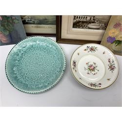 Minton Marlow pattern bowl, decorated with floral sprays, D25cm, a turquoise dish decorated with blossoming flowers, D33cm, together with two framed prints pf Scarborough, etc., in one box 