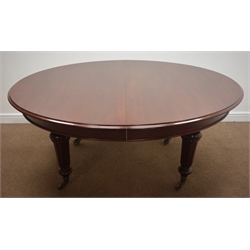  Quality late 19th century mahogany circular extending dining table stamped  'John Taylor & Son' Edinburgh, (missing leaves), turned and fluted supports, pierced spoked brass castors, ' W172cm, H75cm, D143cm, (366cm fully extended)  