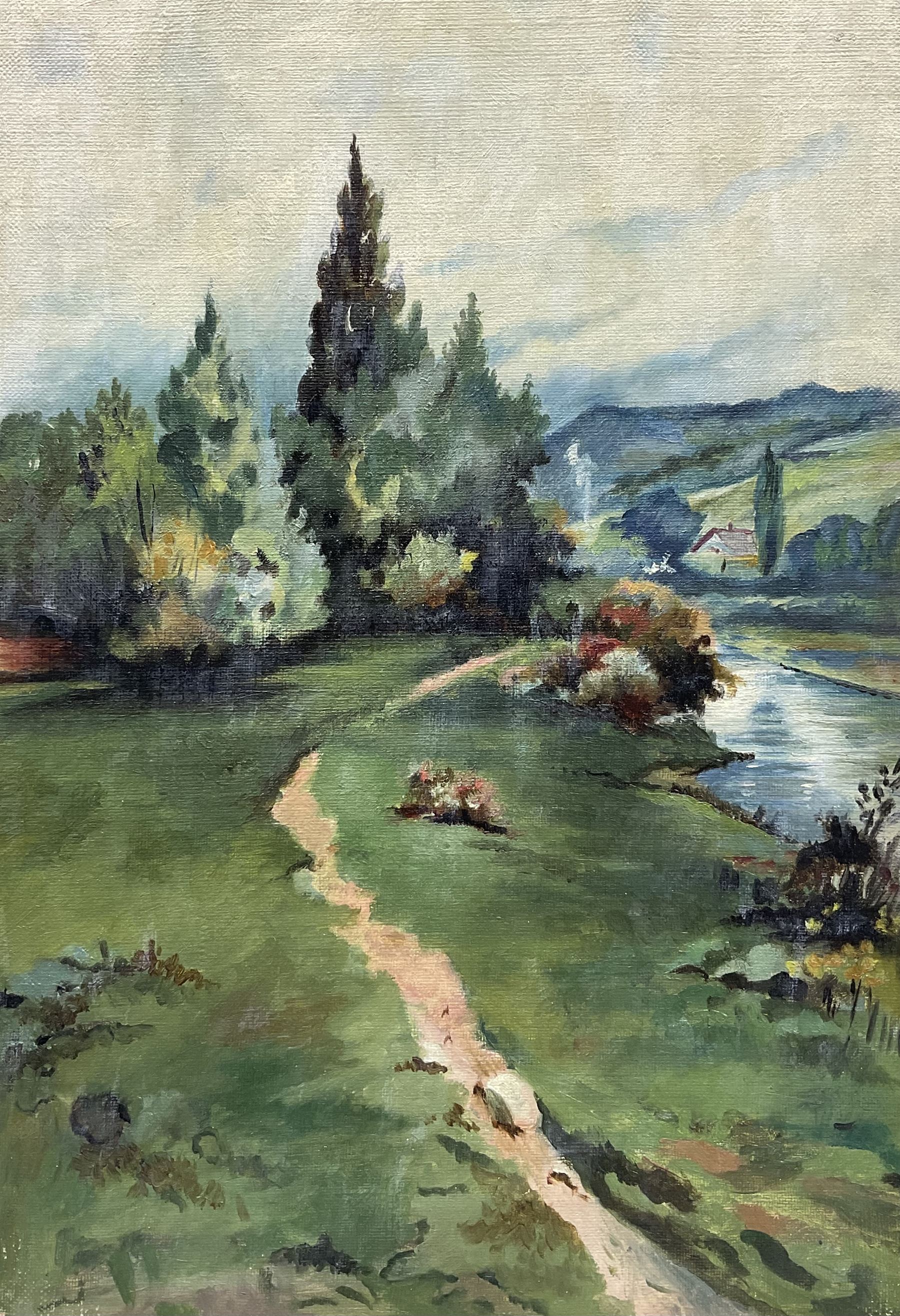 Charles Cutts Elmhirst (Staithes Group 1872-1937): River Landscape near Thorne, oil on canvas unsigned 33cm x 23cm 