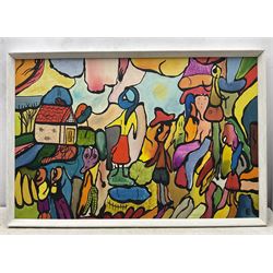 Christine Gloria Cox (Scarborough 1942-2014): Surreal Portraits, acrylic on board, one signed with monogram and with partial exhibition label verso max 62cm x 92cm (2)