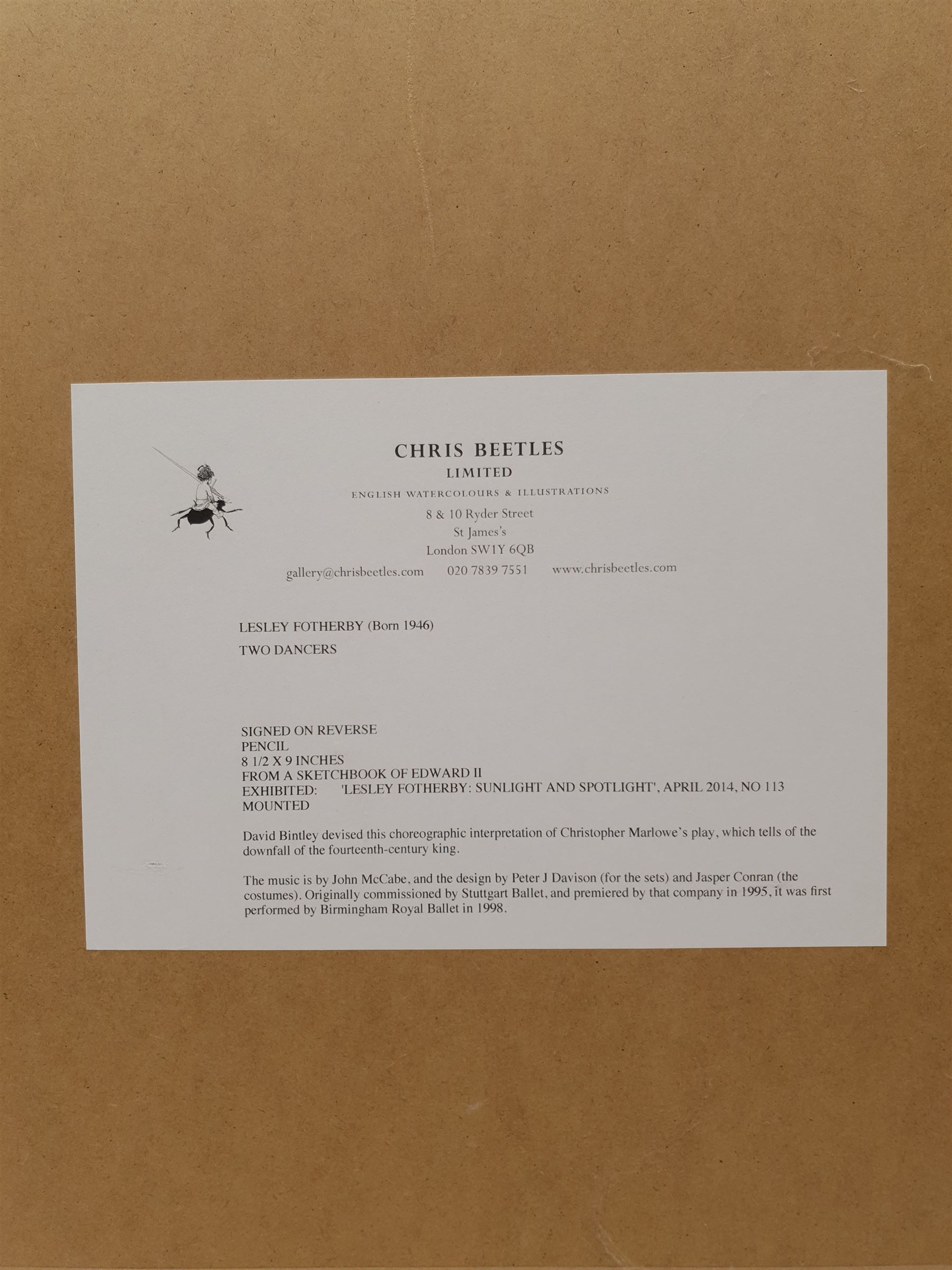 Lesley Fotherby (British 1946-): 'Two Dancers' in Edward II and 'Preparing for Coppelia Study II', two pencil sketches titled on gallerys label verso 25cm x 20cm and 24cm x 19cm (2)
Provenance: exh. 'Lesley Fotherby: Sunlight and Spotlight', Chris Beetles April 2014, No.s 113 and 129, where purchased by the vendor