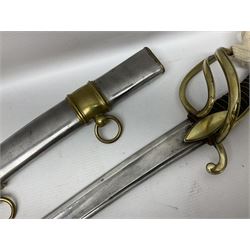 19th century French Chasseur a Cheval de la Guard trooper's sword with 86.5cm slightly curving fullered blade, brass three-bar hilt with elongated elliptical langets and wire-bound leather grip; in polished steel scabbard with two brass suspension rings L104cm overall